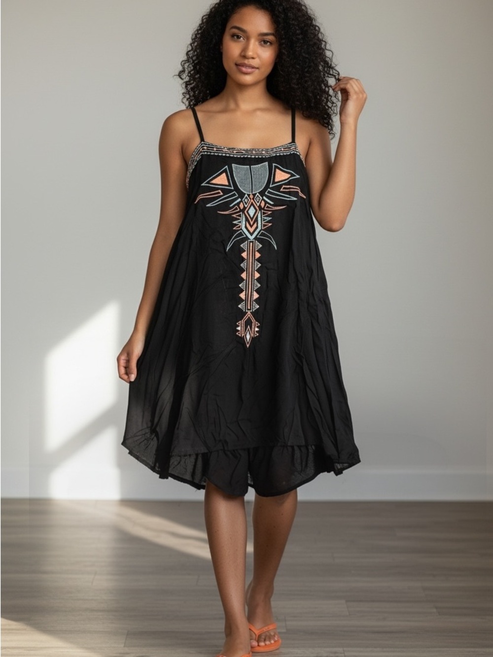 Double Zero Black High-Low Embroidered Spaghetti-Strap Dress